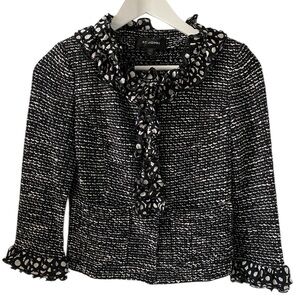 St. John Black White Tweed Jacket Polka Dot Ruffle Trim Size 2